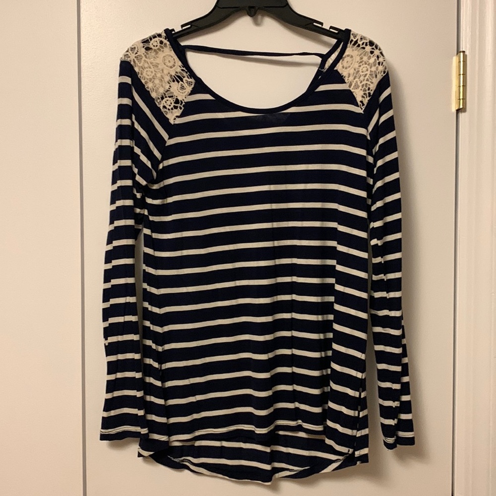 Navy Striped Shirt with Lace Shoulders